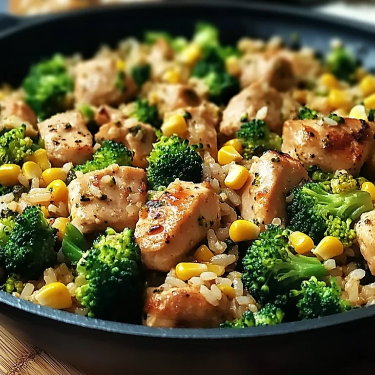 Haehnchen-Reis-Pfanne mit Brokkoli und Mais