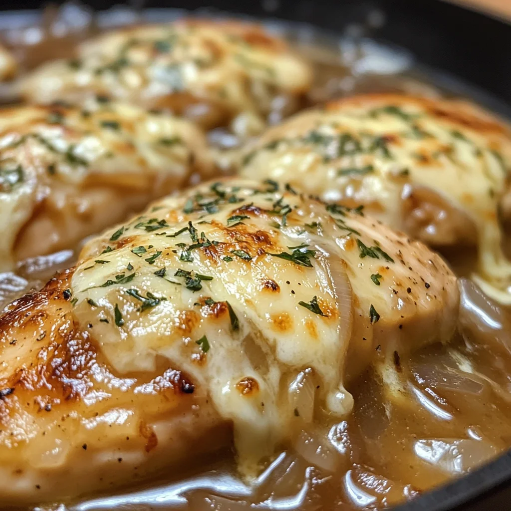 Köstliche French Onion Hähnchenpfanne mit Gruyère