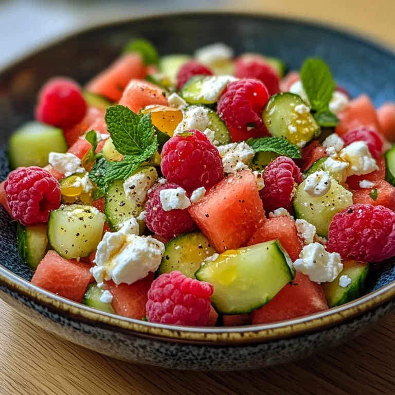 Sommersalat mit Melone, Gurke und Himbeeren