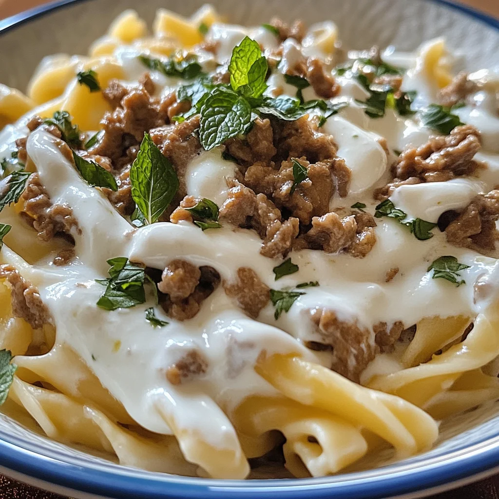 Türkische Pasta mit Hackfleisch und Joghurt-Sauce